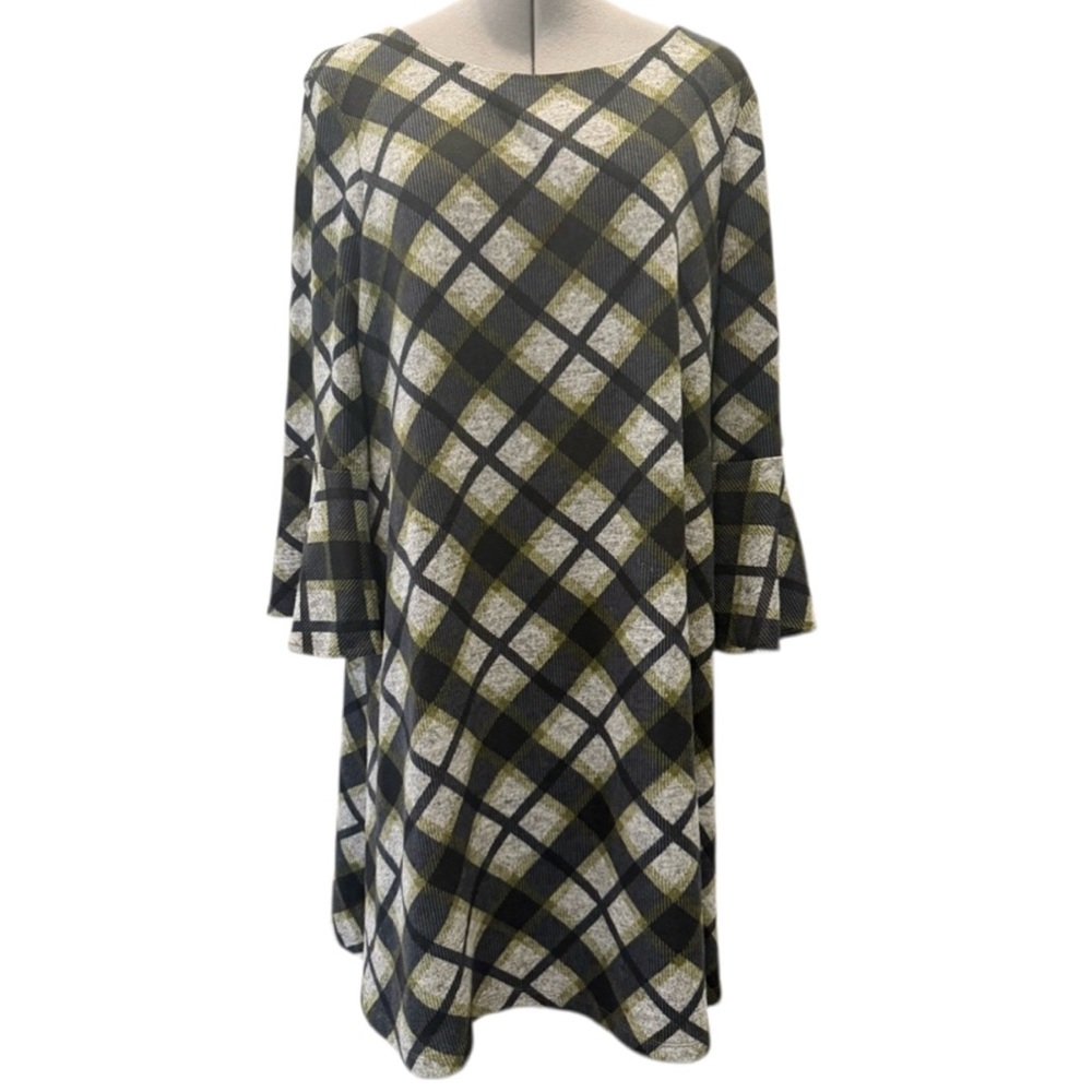 JH Collection Womens XL Olive Green Plaid Bell Sleeve Shift Dress Knit Career